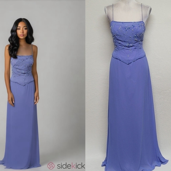 Monique Designs Deadstock Vintage 80s Silk Periwinkle Beaded Chiffon Maxi Dress
